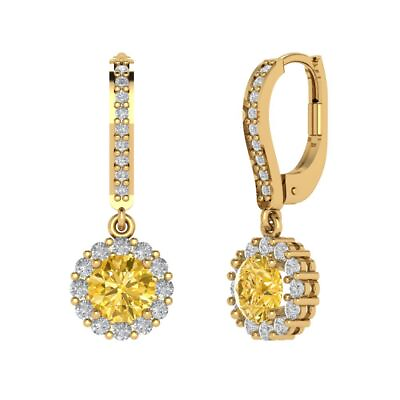 #ad 3.55 Round Cut Halo Classic Drop Dangle Real Citrine Earrings 14k Yellow Gold $318.24