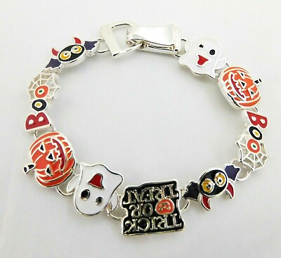 #ad Halloween Bracelet Pumpkin Ghost Bat Boo Magnetic Clasp 7 Inches Icon $14.99