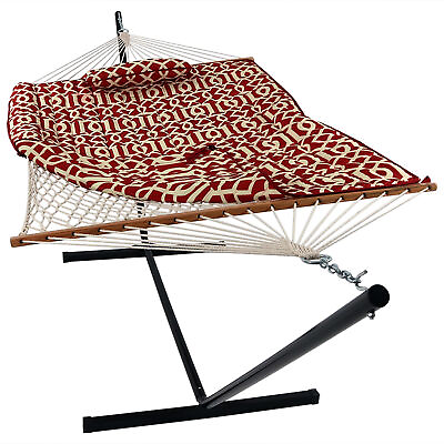 #ad 2 Person Rope Hammock with Steel Stand and Pad Pillow Royal Red by Sunnydaze $139.00