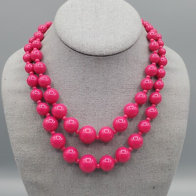 Hot Pink Beaded Necklace Two Strand Gumball Barbiecore Retro Adjustable 19quot; $19.99