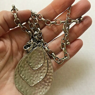 #ad Necklace Silver Tone Hammered Teardrop Triple Pendant Charm Link $17.01