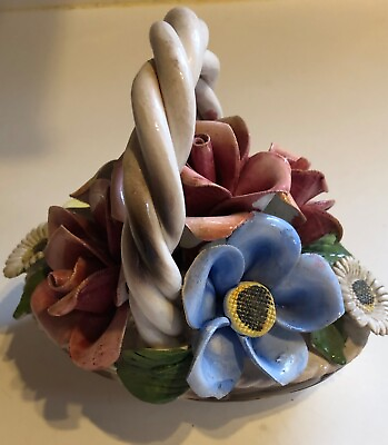 #ad Capodimonte Bisque Porcelain Flower Basket Rose Yellow Blue 6` H $15.00