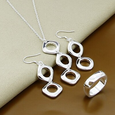 #ad #ad 925 Silver Sets Square Round Necklace Earrings Rings Women Wedding Jewelry Sets $5.39