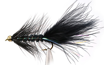 #ad Weighted BH Wooly Bugger Black Streamer Fly w Flash 1 Doz Mustad Signature Hook $11.50