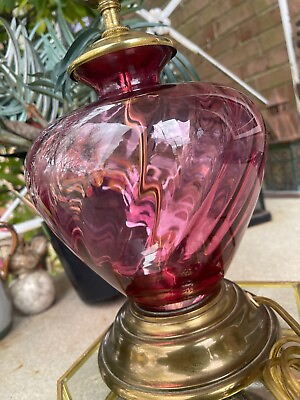 #ad Vintage Pilgrim Cranberry Glass and Brass swirl optic pattern table lamp $68.00