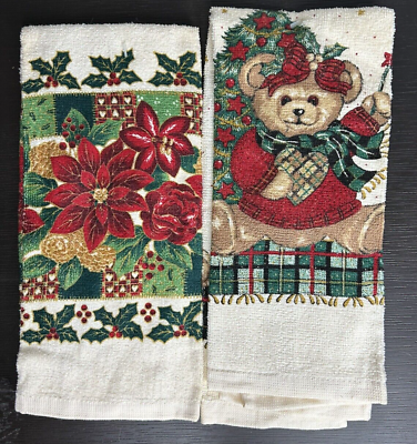 #ad Vintage Royal Terry Christmas Kitchen Towels Bear Poinsettias Set of 2 NOS $11.96