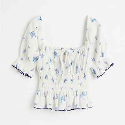 #ad Hamp;M White Blue Floral Print Puff Sleeve Peplum Short Sleeve Blouse Women’s S $25.00