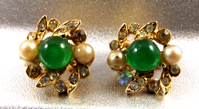 #ad Vintage Costume Petite Earrings Green Glass Faux Pearl Rhinestone Gold tone $9.99