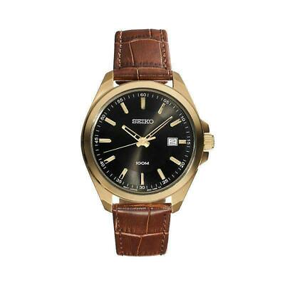 #ad NEW Seiko SUR078 Men#x27;s Black Dial Brown Leather Band Gold Tone Dress Watch $112.50