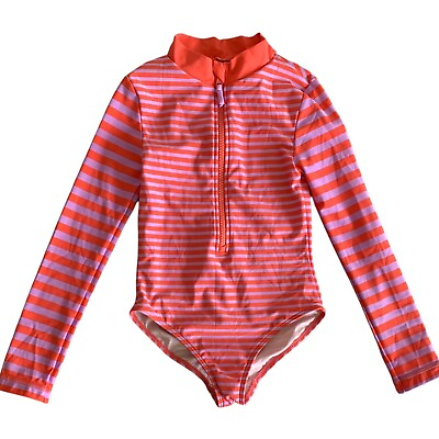 #ad MINI BODEN Pink Purple Stripe Long Sleeve Rashguard 1 Piece Girl#x27;s Swimsuit 6 7Y $22.74