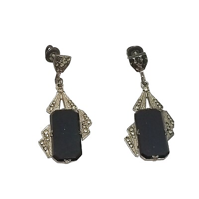 #ad Vintage Art Deco Czech Sterling Marcasite Glass Dangle Earrings A2748 $65.00