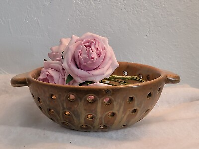 #ad Art Pottery Clay Berry Bowl Strainer Colander 6 3 8quot; Drip Glaze Copper amp; Browns  $30.00