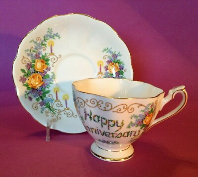 #ad Princess Anne Pedestal Cup And Saucer Happy Anniversary Yellow Roses England $27.95