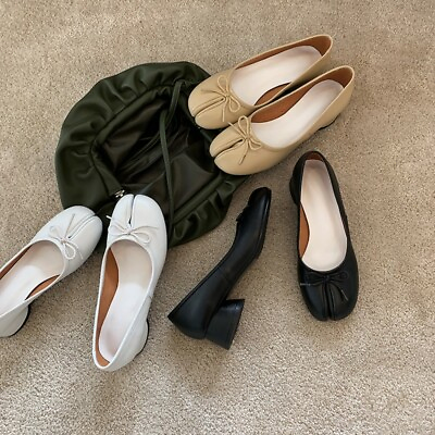 #ad Women#x27;s Fashion Leather Bowtie Tabi Split Toe Mid Heel Ballet Court Shoes BGHE $46.99