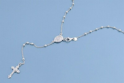#ad Rosary Necklace Sterling Silver 925 Rhodium Plated Beads Size 2.5 mm Length 16quot; $29.79