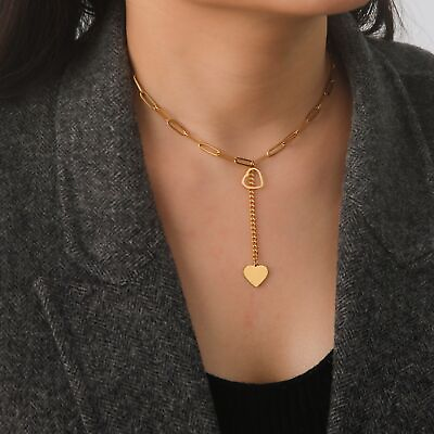 Romantic Heart Pendant Necklace Women Stainless Steel Paperclip Chain Jewelry $6.45