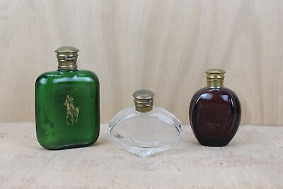 #ad 3 Old Perfume Bottles: Scratched Chipped Brass Caps Fittings $45.05
