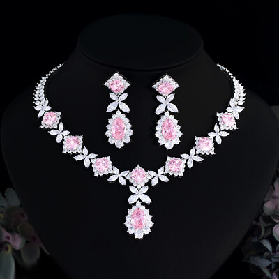 #ad Silver Plated CZ Long Pink Leaf Drop Queen Dangle Necklace Earrings Jewelry Set $31.20