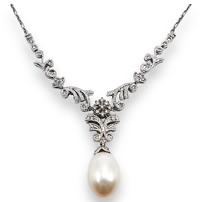 #ad 14k White Gold Culture Pearl Drop Natural .60 Ct Diamond Necklace 9.9 Grams 22quot; $1968.75