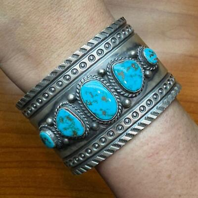 #ad Sterling Silver Native American Turquoise Wide and Heavy Stamped Uni Bracelet $843.75
