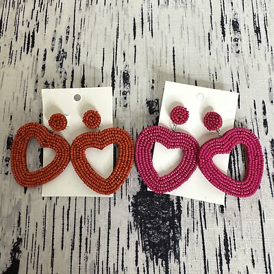 #ad Heart Shaped Seed Bead Earrings Two Pairs Red Pink Dangle New In Package $8.00