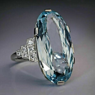 #ad 9Ct Oval Cut Lab Created Aquamarine Diamond Wedding Ring 14K White Gold Plated $269.99