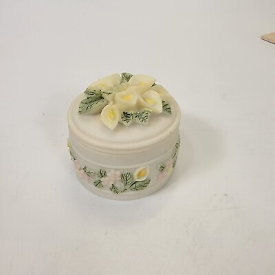 #ad Trinket Box Yellow Lilies Delicate Pink Flowers on Ivory Keepsake Box $12.99