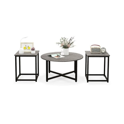 #ad 3 Pcs Coffee Table Set Round Table Living Room 2Pcs Square End Table Metal Frame $113.96