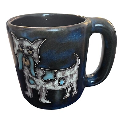 #ad Mara Mexico Art Pottery Stoneware Dog Mug Cup Handcrafted Blue Artist Signed $10.36