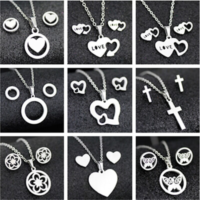 #ad Stainless Steel Women Silver Jewelry Set Pendant Earrings Necklace charm Gift $3.49
