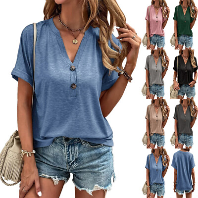 #ad Women V Neck Button Tops Casual Plain T Shirt Ladies Summer Loose Blouse Tee UK $12.82