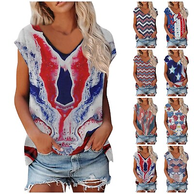 #ad Women#x27;s Summer Short Sleeve Tops V Neck Pritned Tees Holiday Commute Casual Tops $10.30
