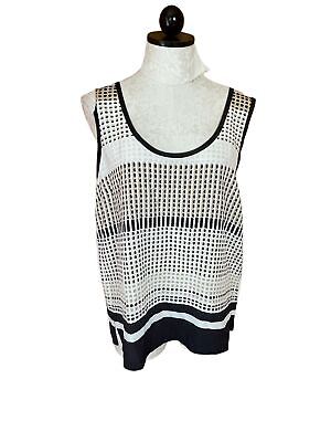 #ad Vince Tank Top Scoop Neck Geometric Trim 100% Silk Soft Sleeveless Pullover L $31.50