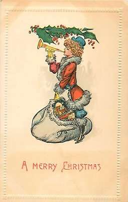 #ad c1910 A Merry Christmas Female Santa Claus Blowing A Horn Postcard $9.99
