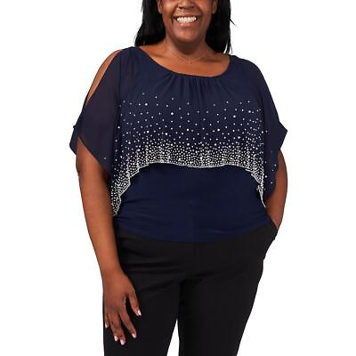 #ad MSK Women Womens Navy Beaded Round Neck Pullover Top Blouse Plus 1X BHFO 2250 $13.99