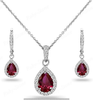 #ad Simulated Ruby Pear Halo Necklace amp; Earrings Jewelry Set for 925 Sterling Silver $197.12
