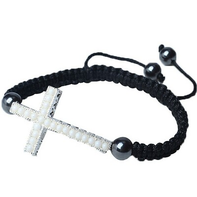 #ad Silver Tone Cross White Gem Stones Beaded Adjustable Macrame Unisex Bracelet $10.99