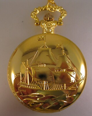 #ad TALL SAILING SHIP Gold Tone Pocket Watch with Your Choice of Chain Sailor Gifts $33.99