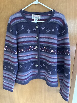 #ad Tally Ho Sweater Women’s Sz L Purple Vintage 100% Wool Button Cardigan READ $18.00