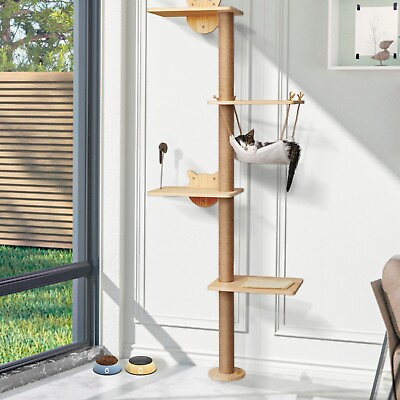 #ad Wall Mounted 4 Tier Cat Scratching Post Cat Activity Tree with Platforms Hammock $49.99