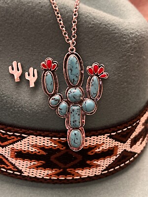 #ad BLUE TURQUOISE FLOWER CACTUS SILVER NECKLACE WESTERN SOUTHWEST Gift Mom Daughter $14.40