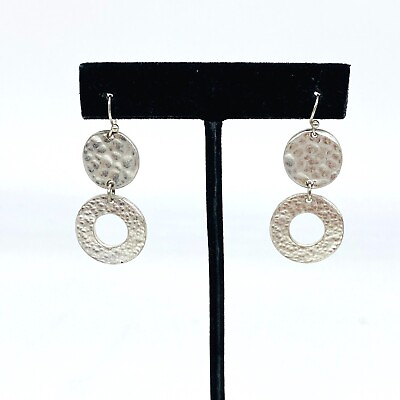 #ad Modern Textured Dangle Earrings Silver Tone Textured Circle and Hoop Pierced $9.70