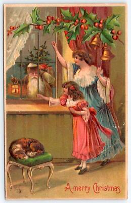 #ad 1910#x27;s SANTA CLAUS BROWN COAT MERRY CHRISTMAS EMBOSSED GERMANY ANTIQUE POSTCARD $19.95