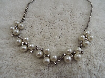 #ad Silvertone Rhinestone White Bead Necklace C59 $2.98