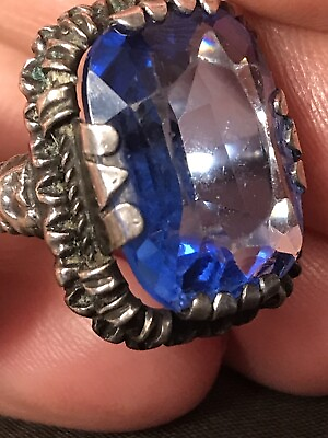 #ad Victorian Austro Hungarian Ring Sapphire Blue Glass Sterling Silver Size 5 $145.00