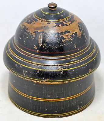 #ad Antique Wooden Big Round Box Original Old Hand Carved Lacquer Painted $79.00