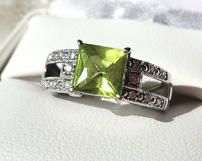 #ad Peridot amp; Diamond Ring in 14K Solid White Gold Genuine Square Cut 1 Carrot 7mm $445.00