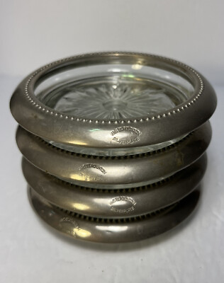 #ad SET of 4 Wes Blackinton Silver Plate amp; Glass Stacking Vintage Coasters Italy $15.00