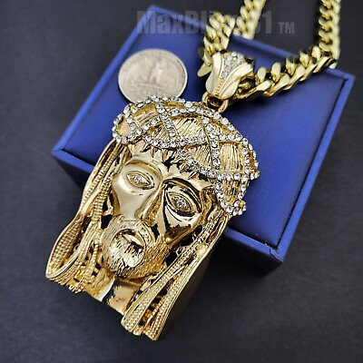 #ad Gold plated Large Jesus Head Cubic Zirconia Iced Pendant amp; Cuban Chain Necklace $27.99