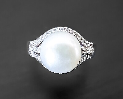 #ad Round White Simulated Pearl Cubic Zirconia Halo Sterling Silver Plate Ring 7.5 $14.25